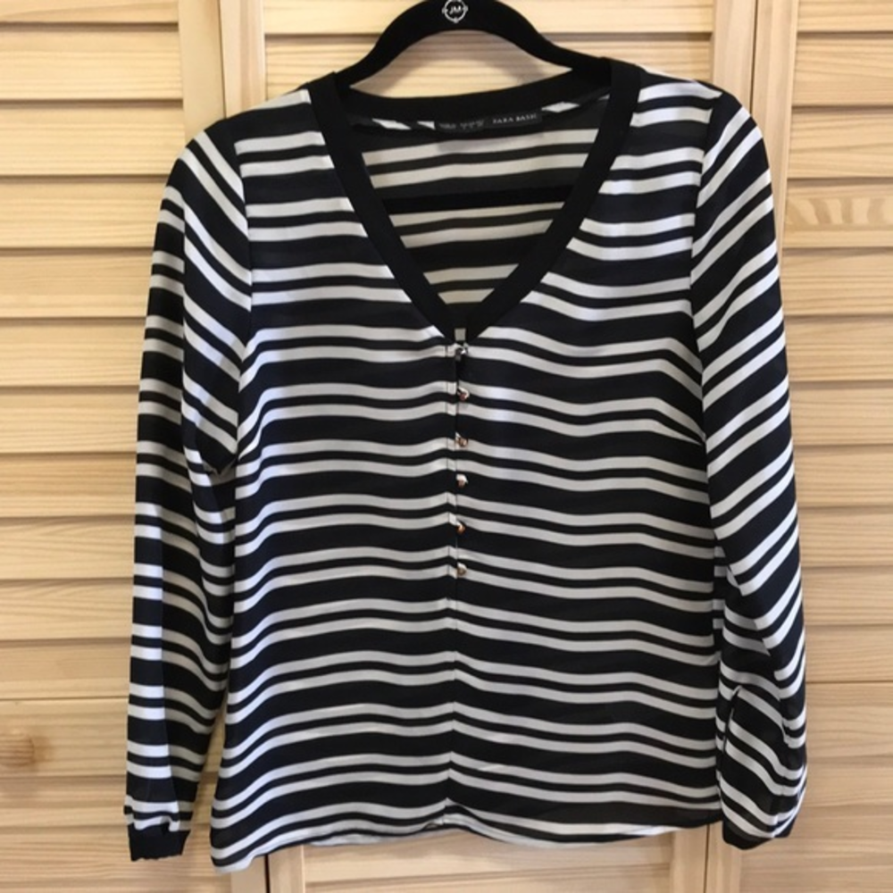 ZARA blousy top, black & cream stripes, gold buttons, v-neck, size small